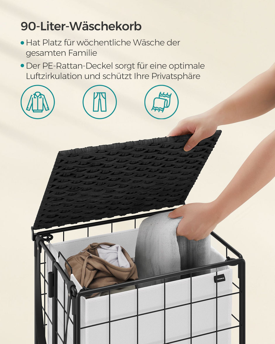 Wasmand met 90L – Uitneembare binnenzak – Met deksel – Met wielen