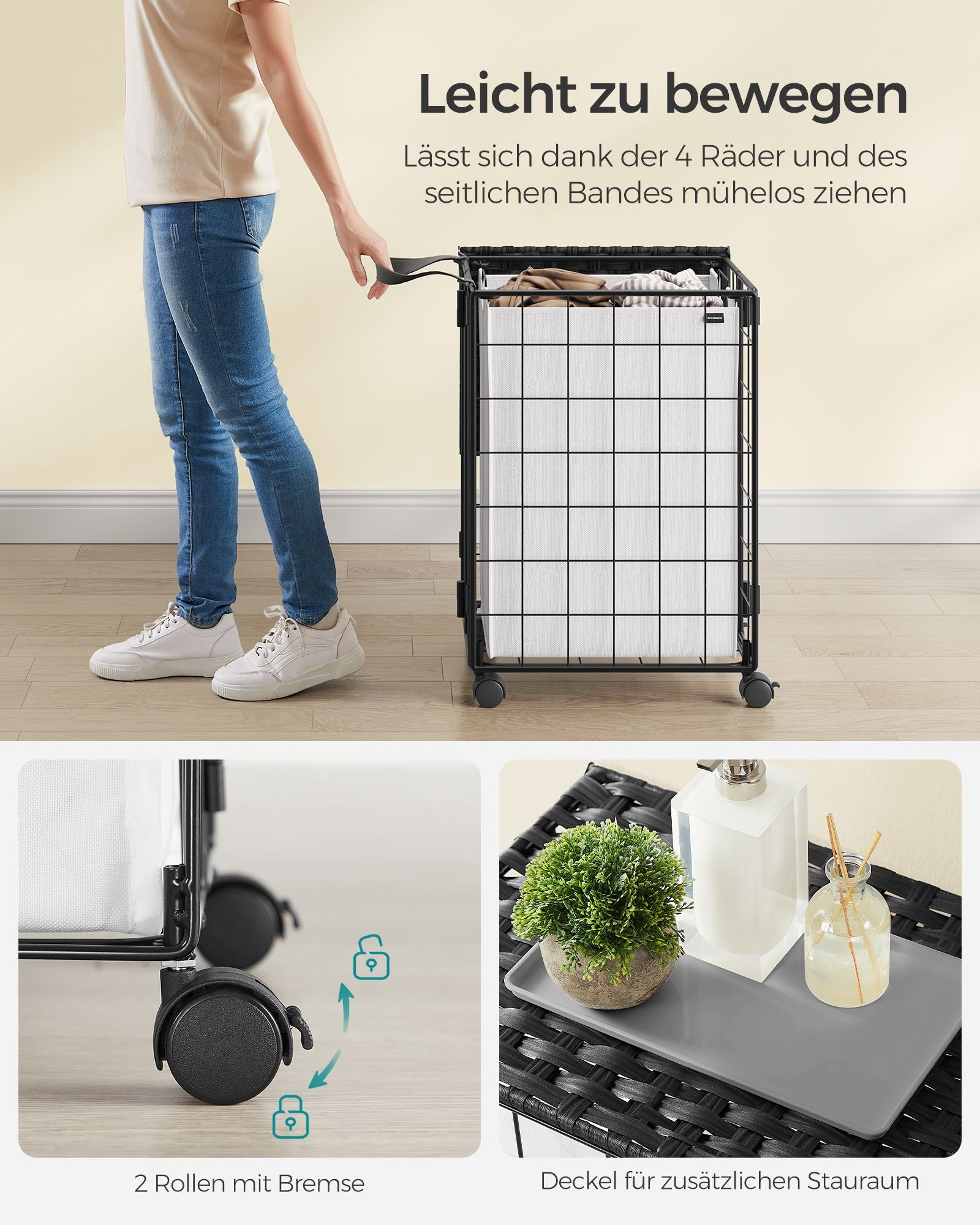 Wasmand met 90L – Uitneembare binnenzak – Met deksel – Met wielen