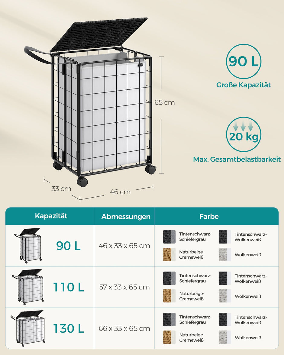 Wasmand met 90L – Uitneembare binnenzak – Met deksel – Met wielen