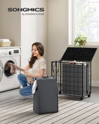 Wasmand – 130 L – afneembaar – met wielen – inktzwart-leigrijs