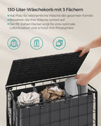 Wasmand – 130 L – afneembaar – met wielen – inktzwart-leigrijs
