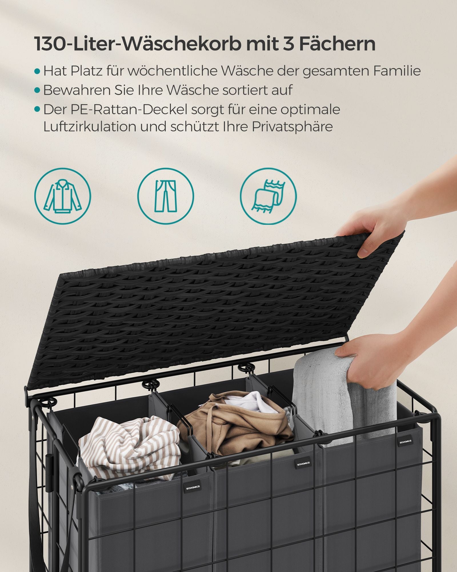 Wasmand – 130 L – afneembaar – met wielen – inktzwart-leigrijs