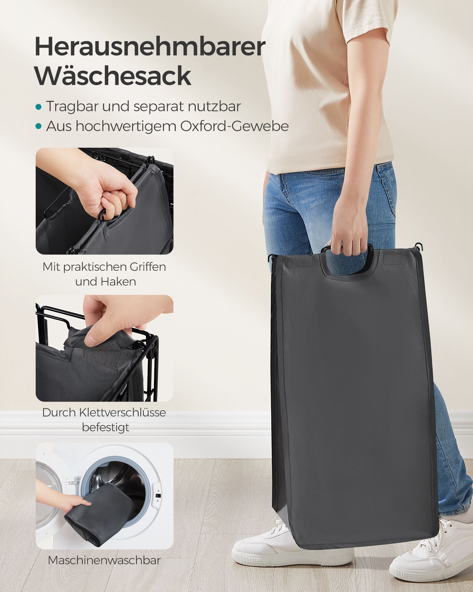 Wasmand – 130 L – afneembaar – met wielen – inktzwart-leigrijs