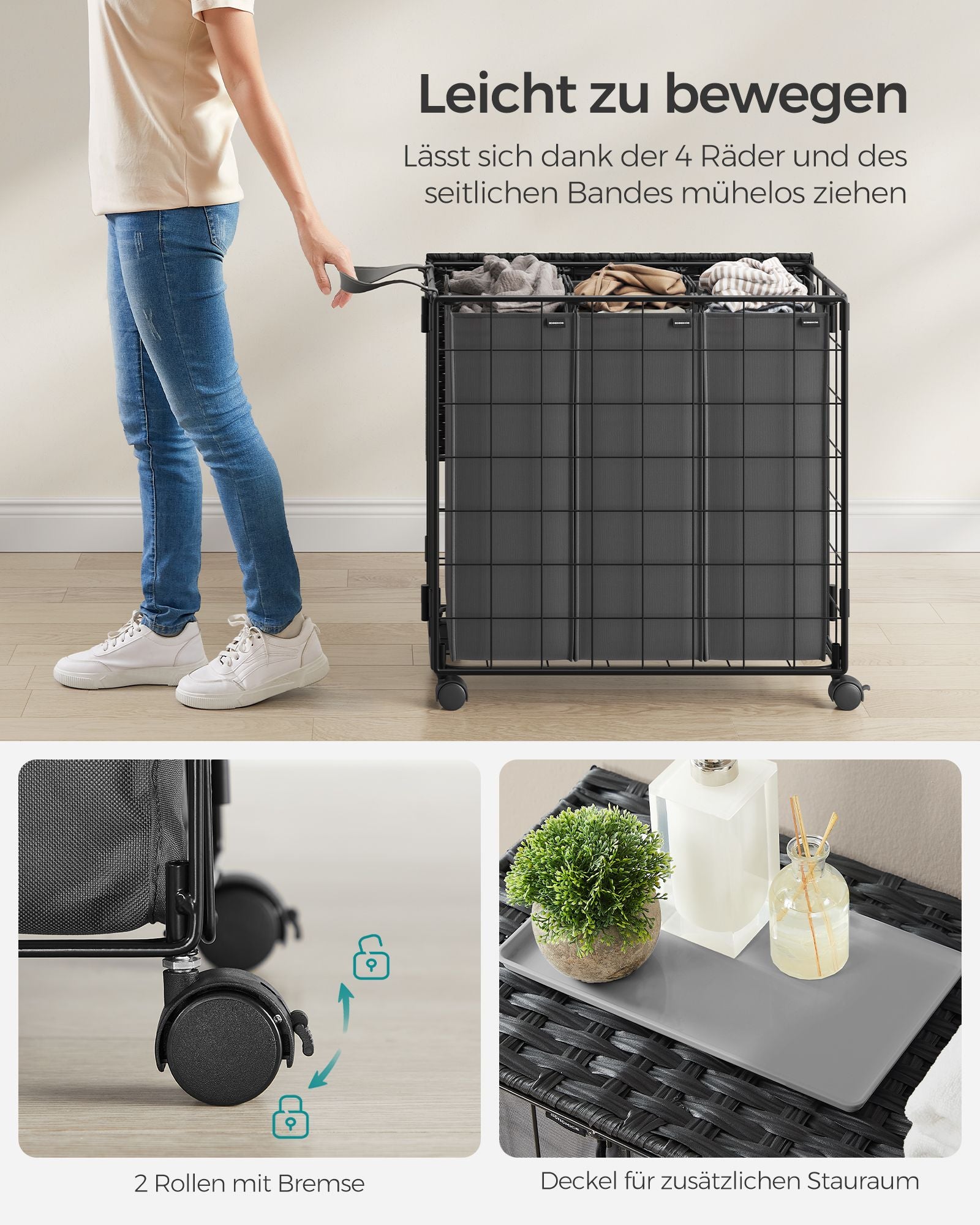 Wasmand – 130 L – afneembaar – met wielen – inktzwart-leigrijs