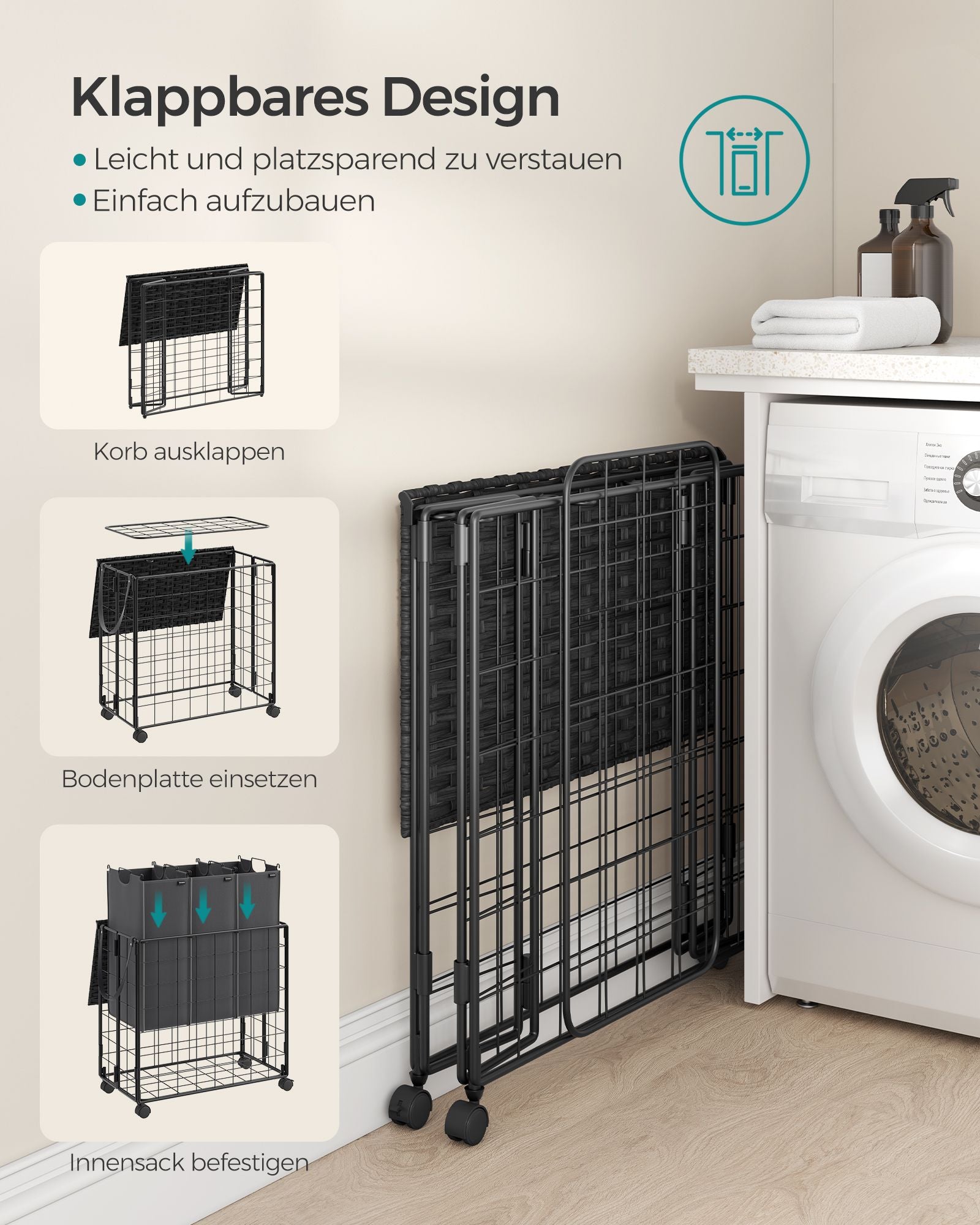 Wasmand – 130 L – afneembaar – met wielen – inktzwart-leigrijs