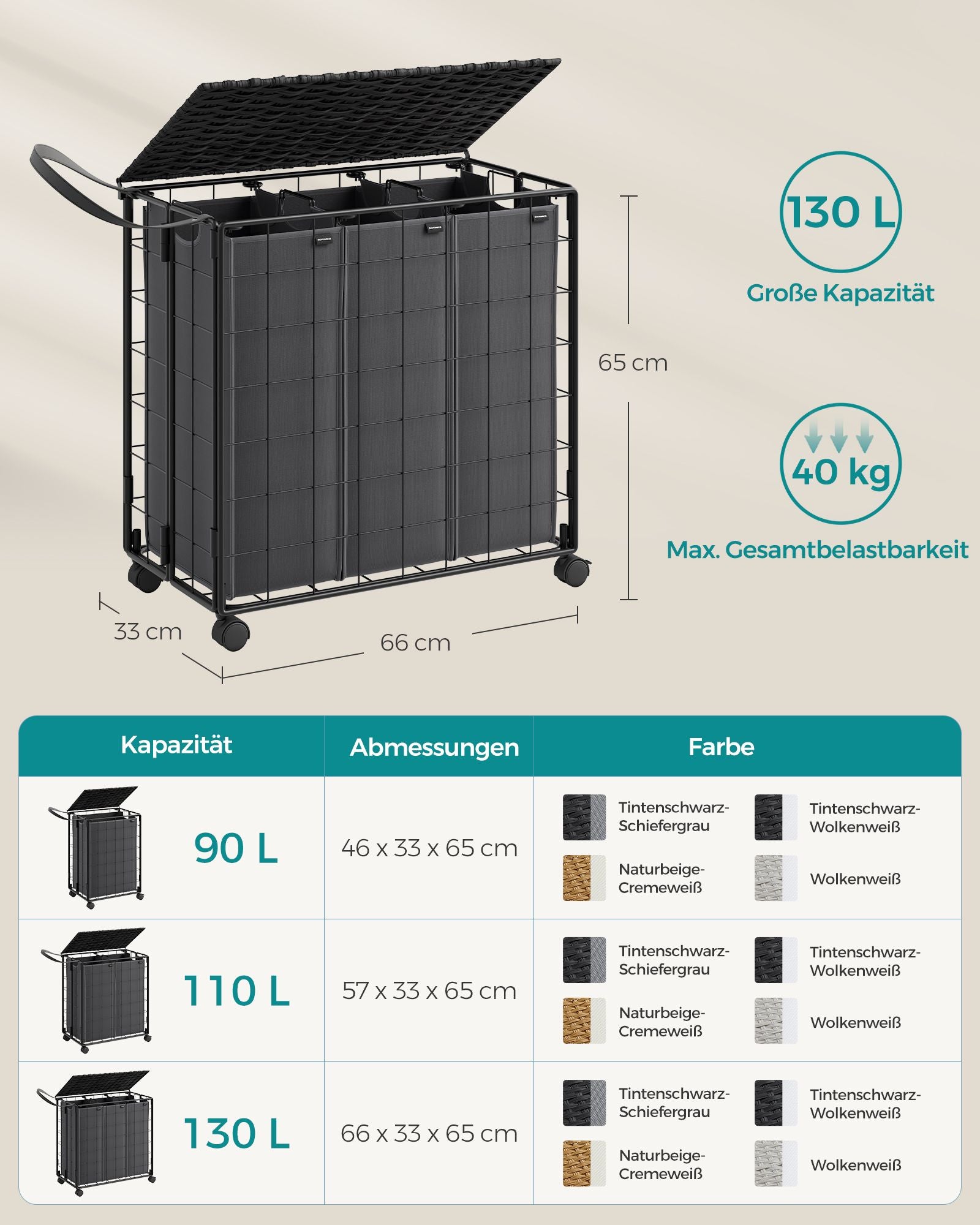 Wasmand – 130 L – afneembaar – met wielen – inktzwart-leigrijs