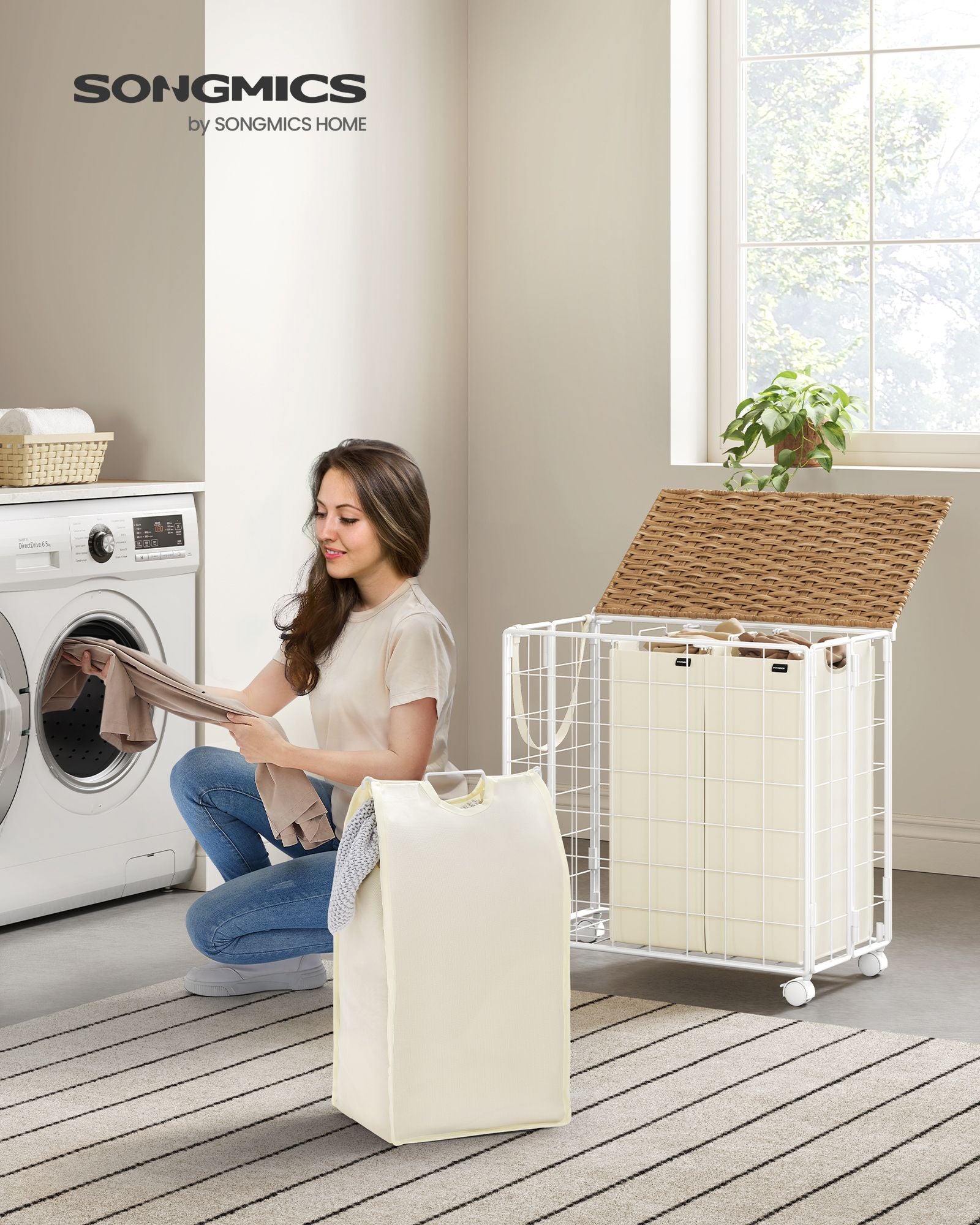 Wasmand op wielen – Stijlvol en praktisch – Naturel beige-crème wit