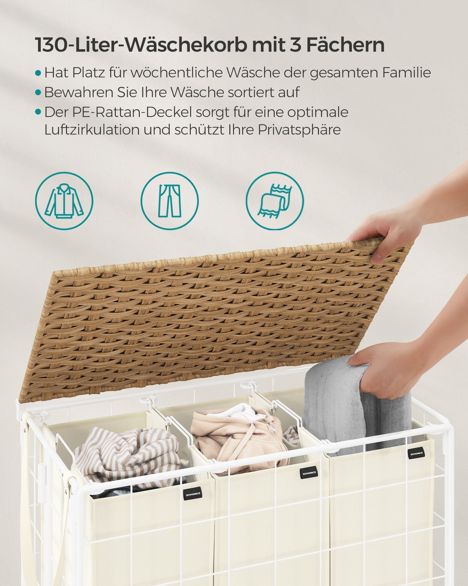 Wasmand op wielen – Stijlvol en praktisch – Naturel beige-crème wit