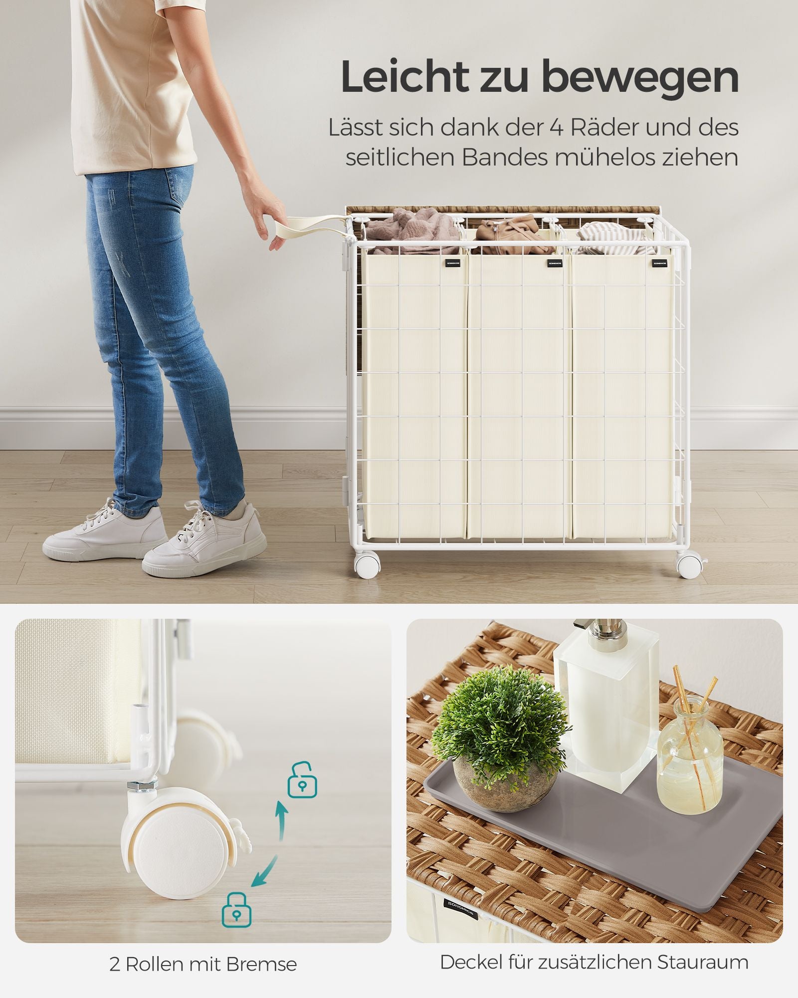 Wasmand op wielen – Stijlvol en praktisch – Naturel beige-crème wit