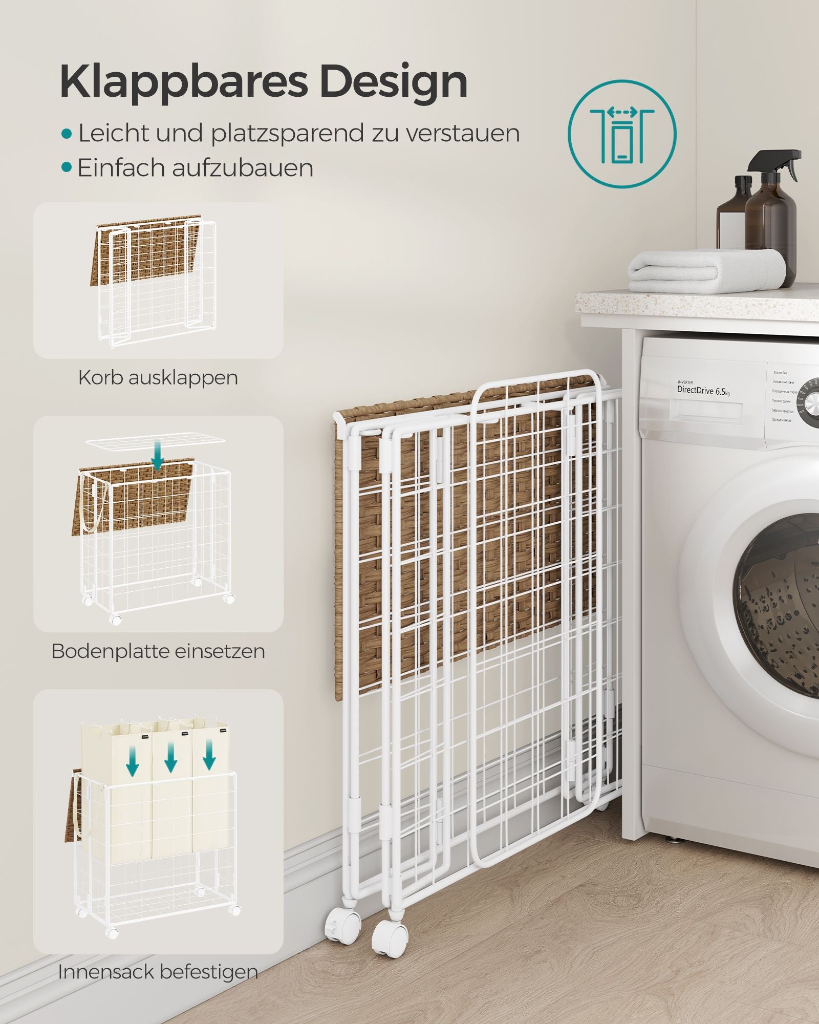 Wasmand op wielen – Stijlvol en praktisch – Naturel beige-crème wit