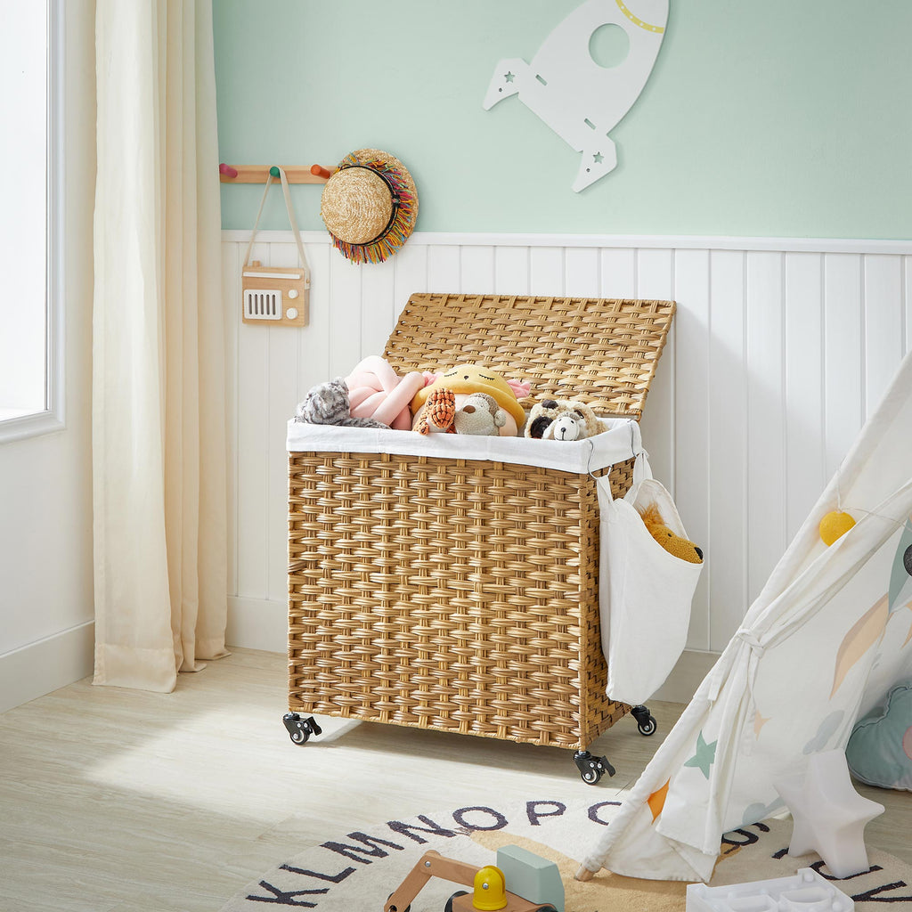 Wasmand - Met 3 vakken - Op wieltjes - 140 L - Handgeweven - Bruin