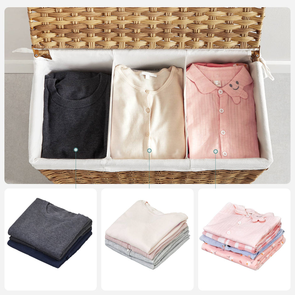 Wasmand met 3 vakken op wieltjes handgeweven natuurlijke kleur