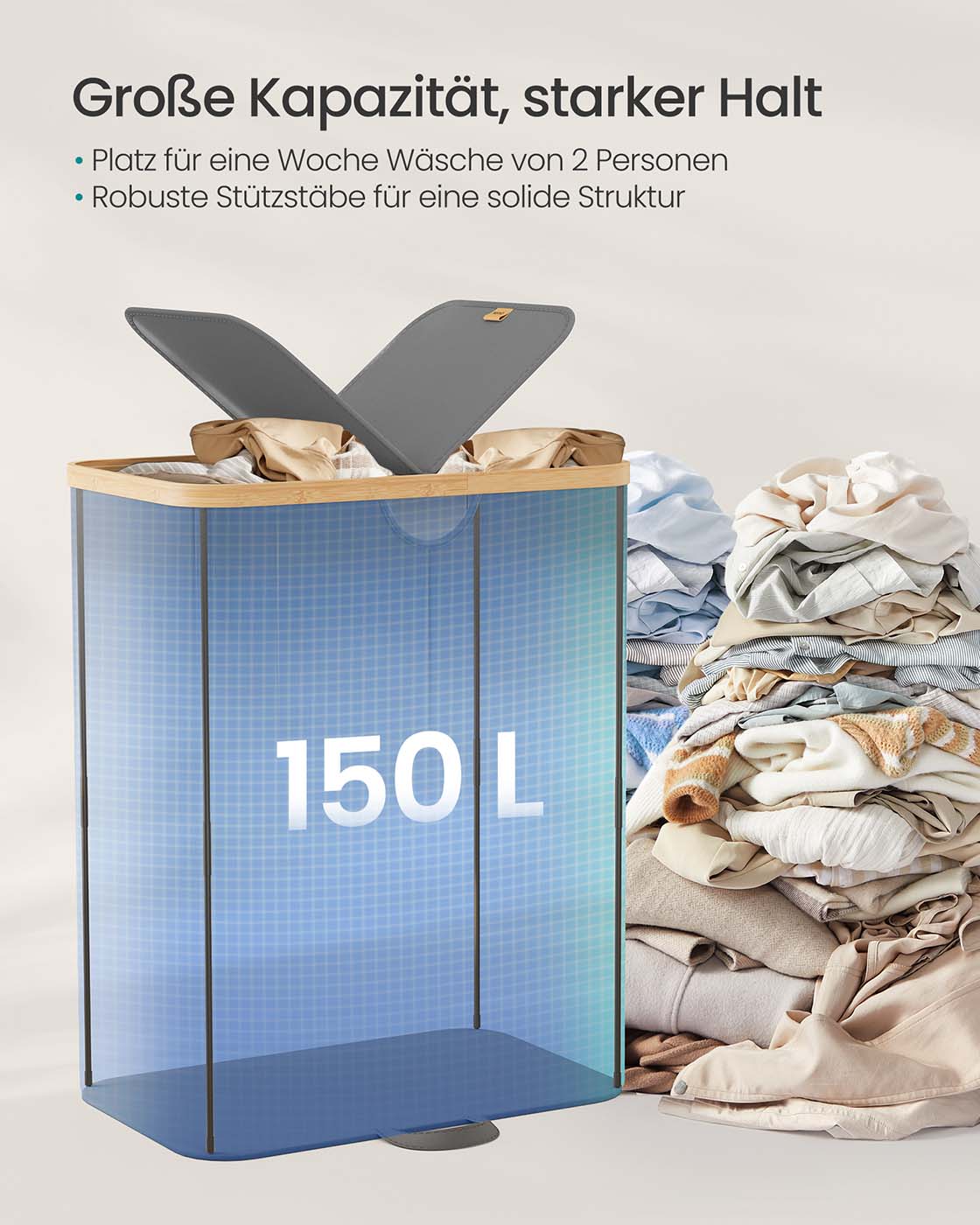 Wasmand met deksel – 2 compartimenten – 20 kg draagvermogen – Lichtgewicht 2 kg