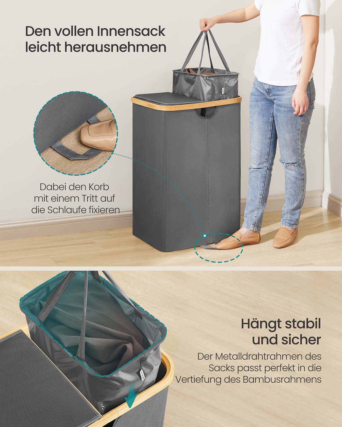 Wasmand met deksel en twee compartimenten leigrijs-natuurbeige