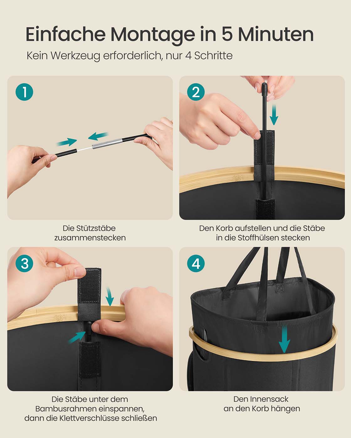 Wasmand met deksel en uitneembare tas – Oxfordstof – inktzwart-natuurbeige