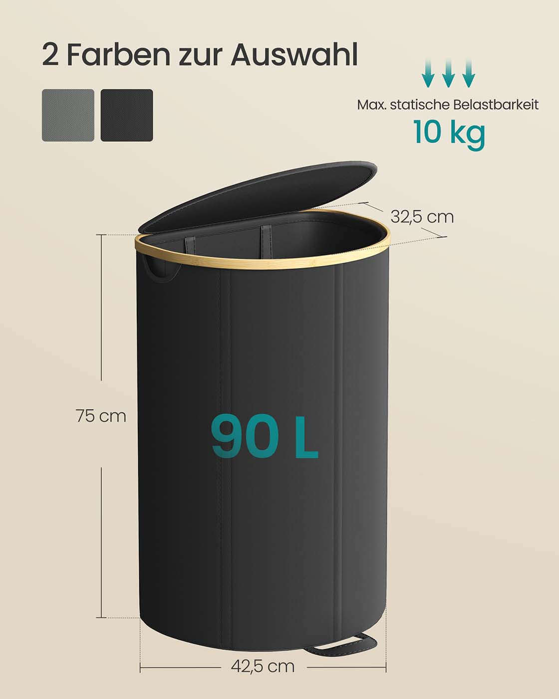 Wasmand met deksel en uitneembare tas – Oxfordstof – inktzwart-natuurbeige