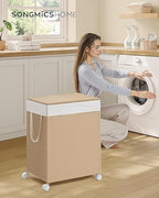 Wasmand 100 L met 2 vakken en wielen naturel beige-mat wit