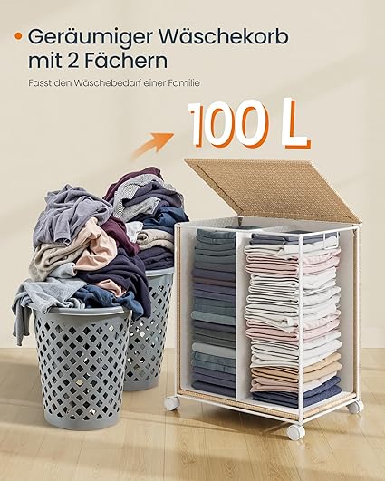 Wasmand 100 L – 2 compartimenten – Uitneembare waszak – Met deksel – Met wielen