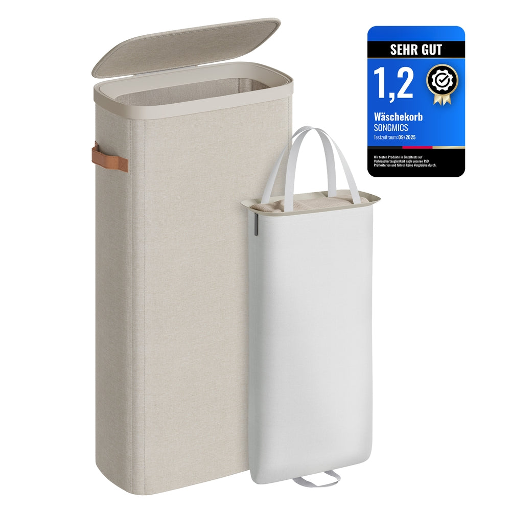 Wasmand - 39 x 22 x 75 cm - 65 liter - met deksel en handgrepen - uitneembare waszak - cappuccinobeige - max. belasting 10 kg