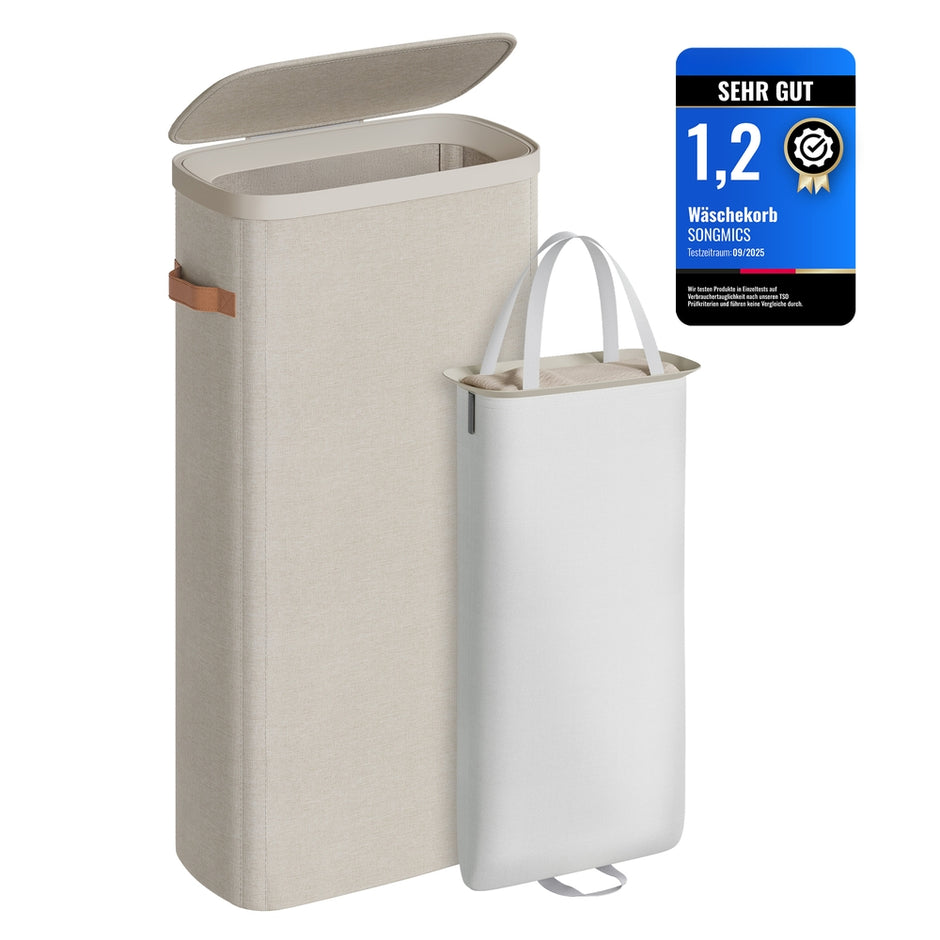 Wasmand - 39 x 22 x 75 cm - 65 liter - met deksel en handgrepen - uitneembare waszak - cappuccinobeige - max. belasting 10 kg