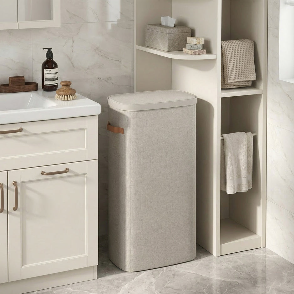 Wasmand - 65 liter - 39 x 22 x 75 cm - met deksel en handvatten - beige - maximaal 10 kg