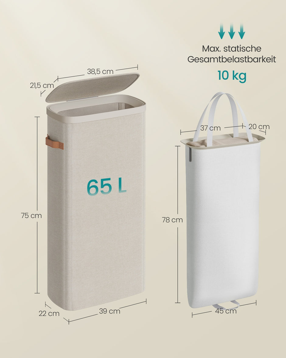 Wasmand - 39 x 22 x 75 cm - 65 liter - met deksel en handgrepen - uitneembare waszak - cappuccinobeige - max. belasting 10 kg