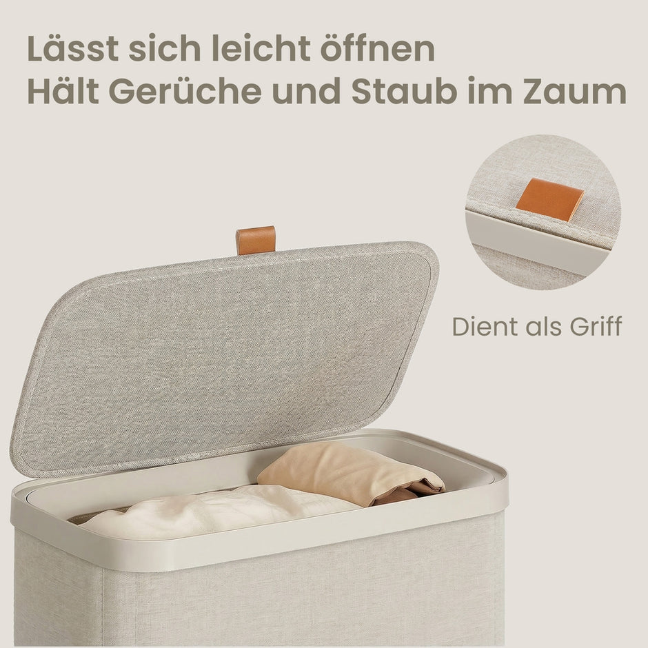 Wasmand - 65 liter - 39 x 22 x 75 cm - met deksel en handvatten - beige - maximaal 10 kg