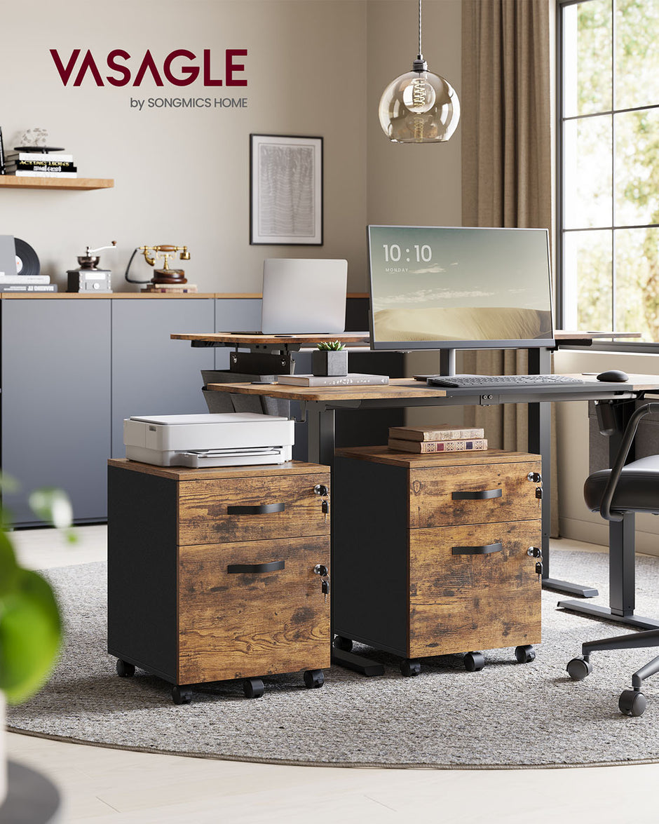 Rolcontainer 43,8 x 40 x 54,4 cm – 2 lades – Met wielen – Vintage bruin-inktzwart – Tot 30 kg draagvermogen