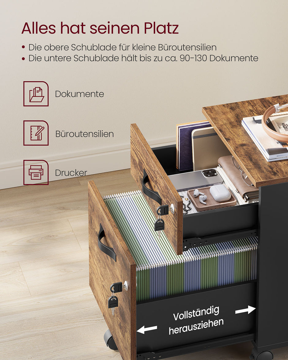 Rolcontainer 43,8 x 40 x 54,4 cm – 2 lades – Met wielen – Vintage bruin-inktzwart – Tot 30 kg draagvermogen