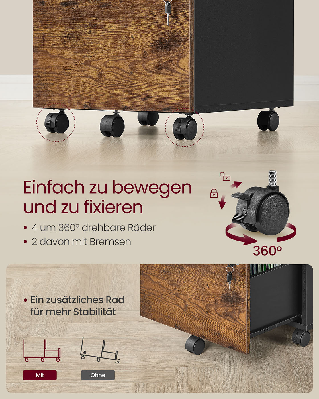 Rolcontainer 43,8 x 40 x 54,4 cm – 2 lades – Met wielen – Vintage bruin-inktzwart – Tot 30 kg draagvermogen