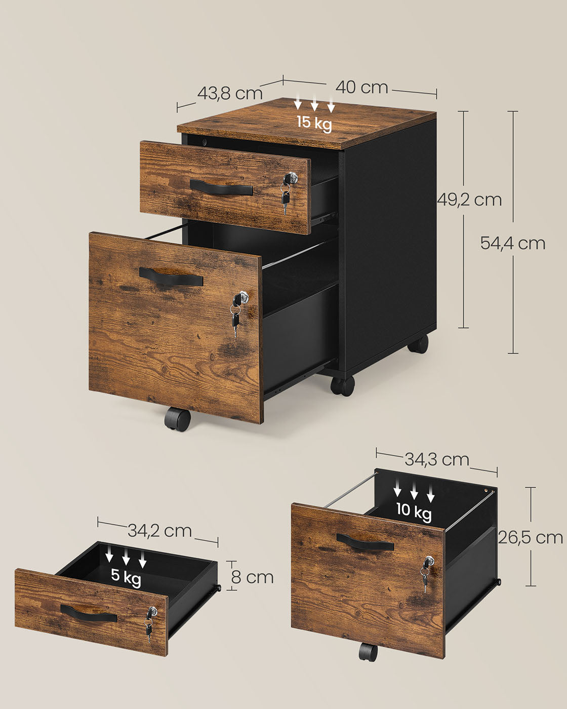 Afsluitbare rolcontainer met 2 laden en 5 wielen