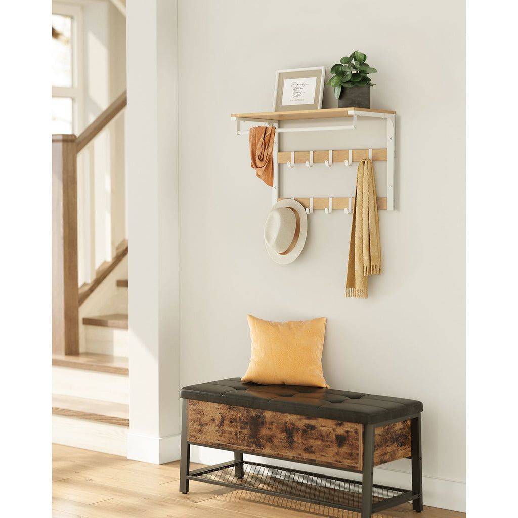 Wandkapstok – met plank – 10 afneembare haken – eiken-wit