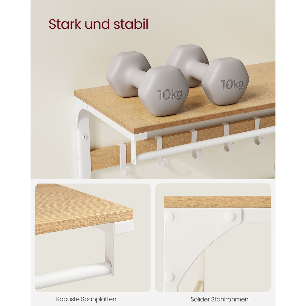 Wandkapstok – met plank – 10 afneembare haken – eiken-wit