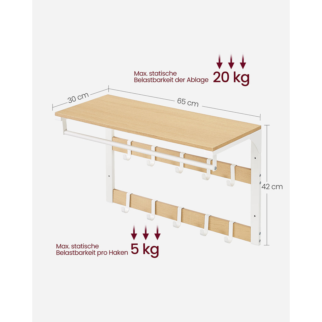 Wandkapstok – met plank – 10 afneembare haken – eiken-wit