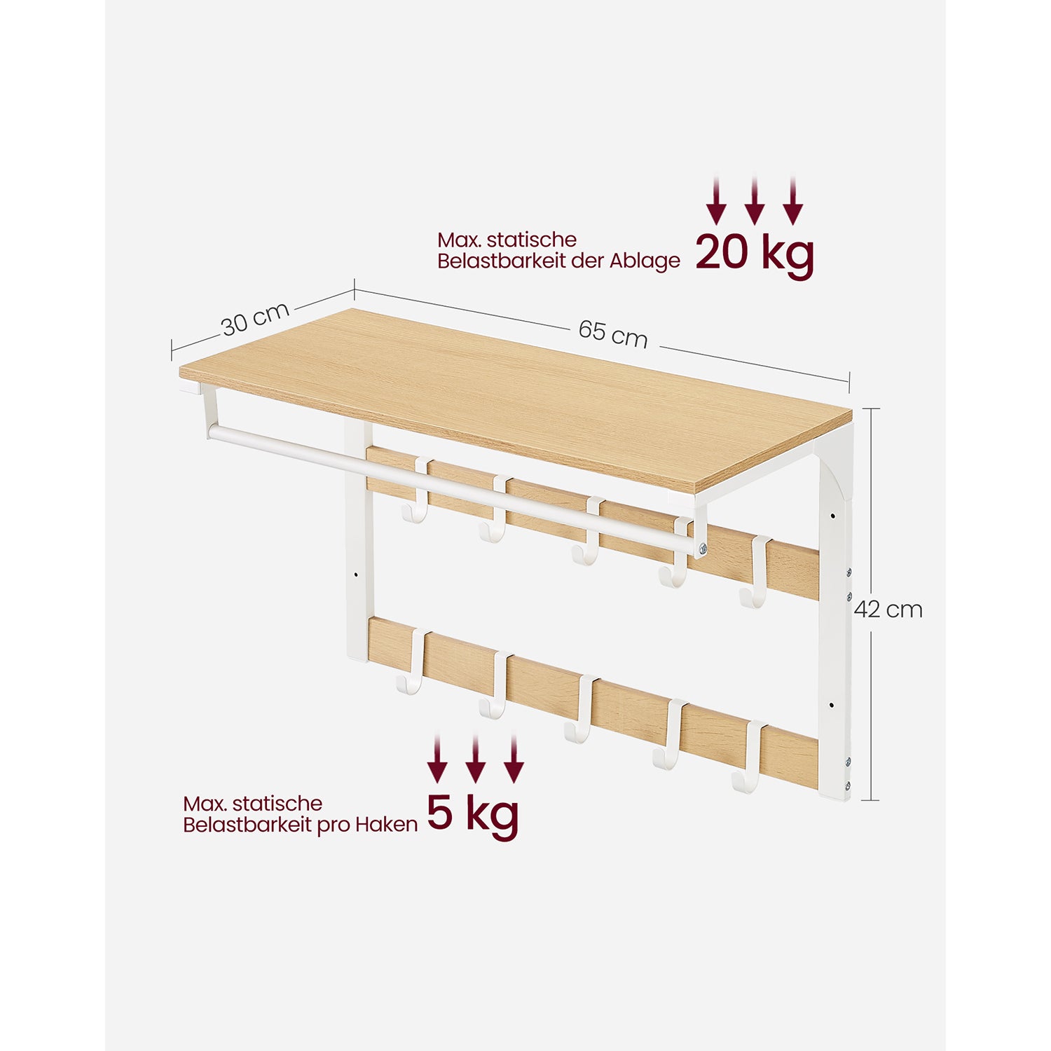 Wandkapstok – met plank – 10 afneembare haken – eiken-wit