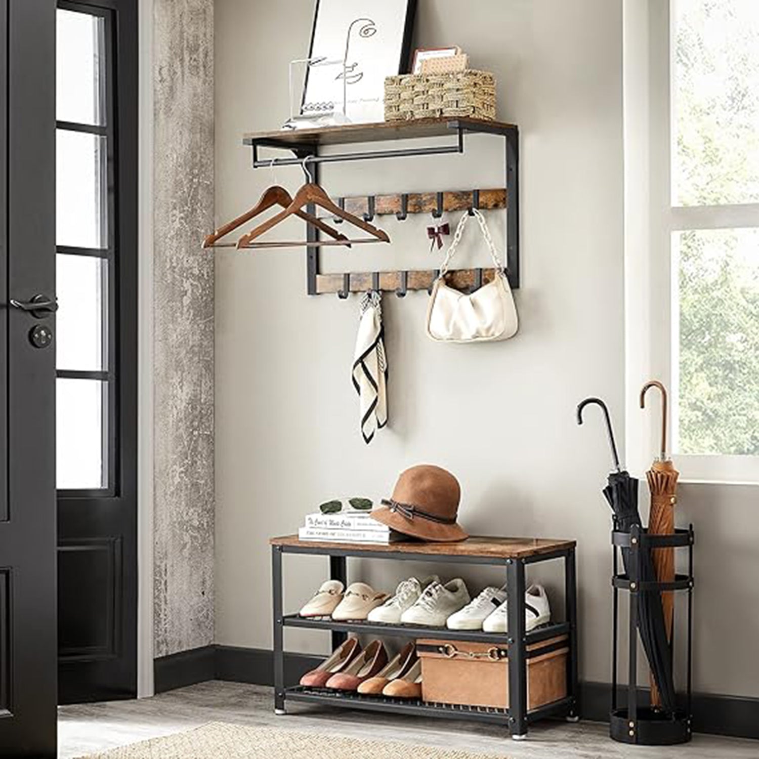 Wandkapstok – met metalen frame – vintage bruin en zwart