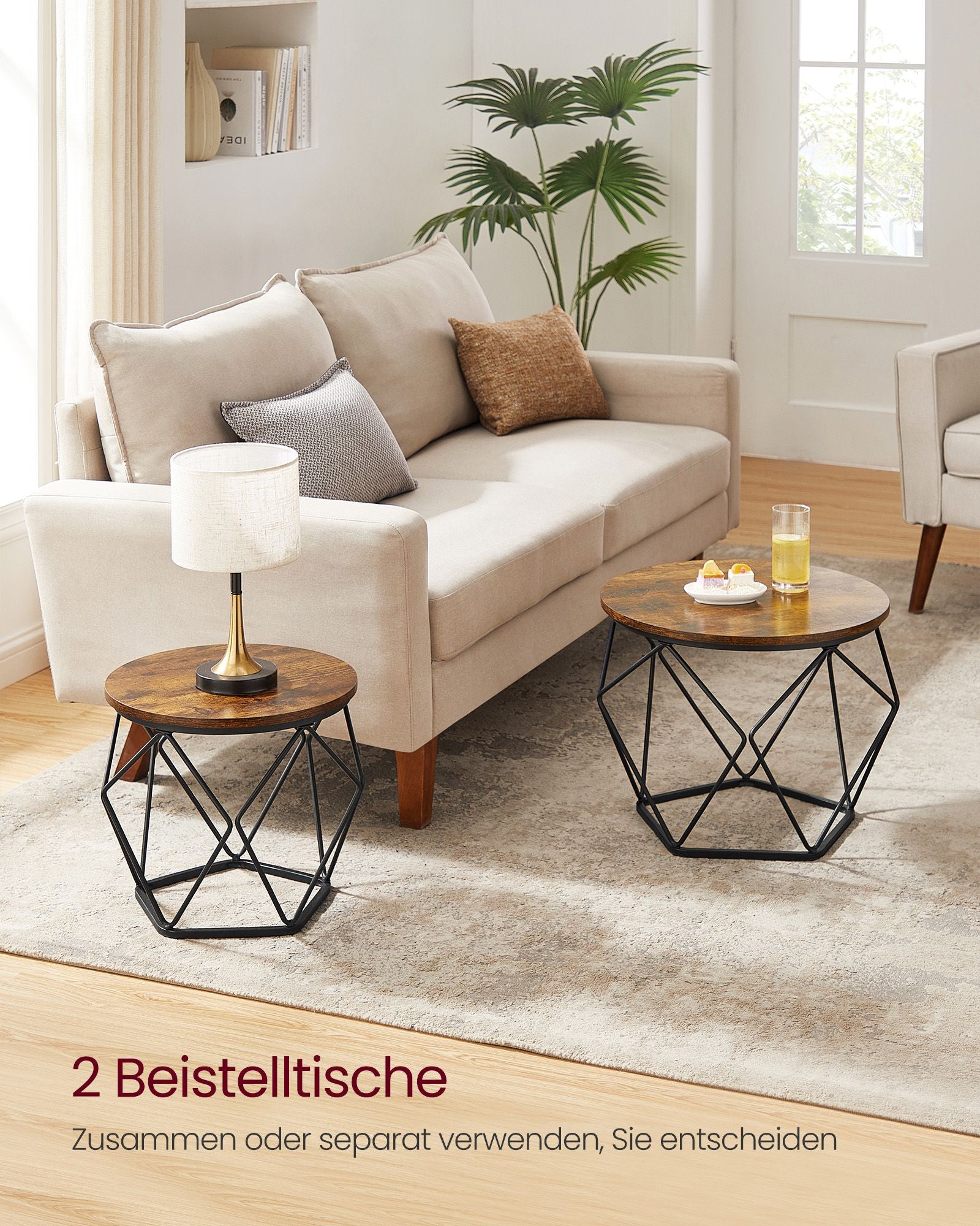 Ronde salontafel set van 2 – vintage flair – vintage bruin-inktzwart