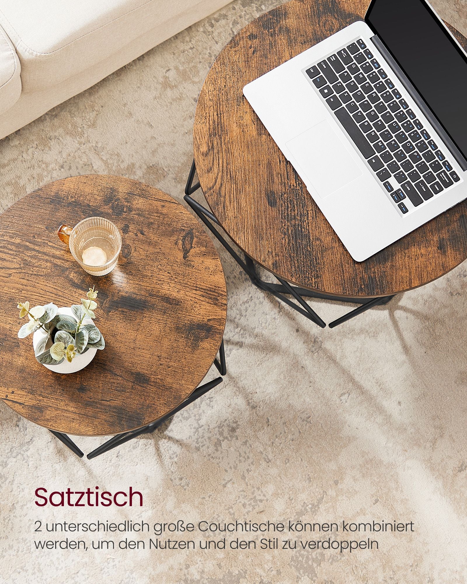 Ronde salontafel set van 2 – vintage flair – vintage bruin-inktzwart