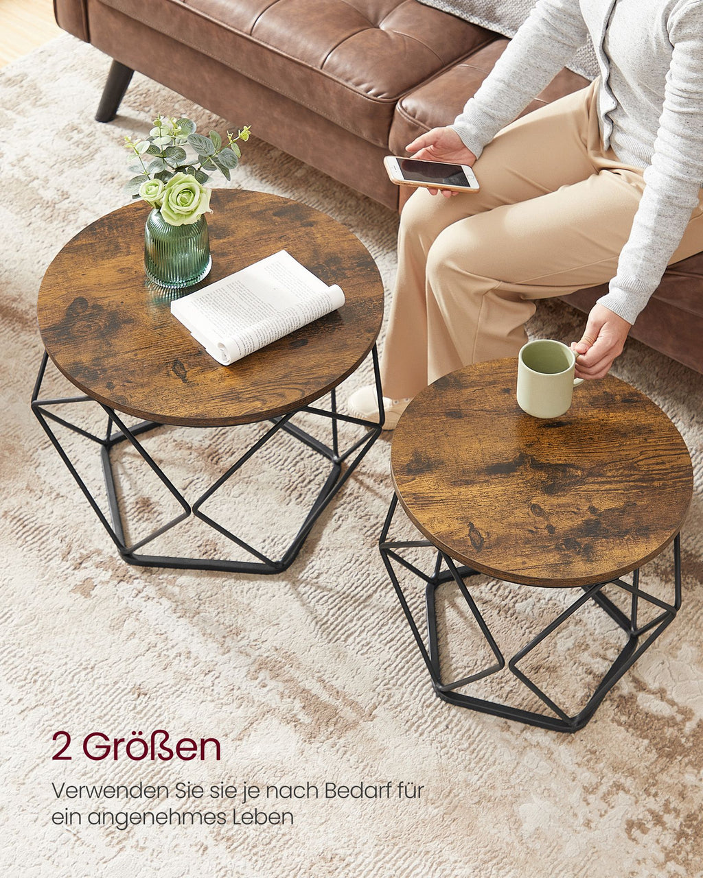 Ronde salontafel set van 2 – vintage flair – vintage bruin-inktzwart