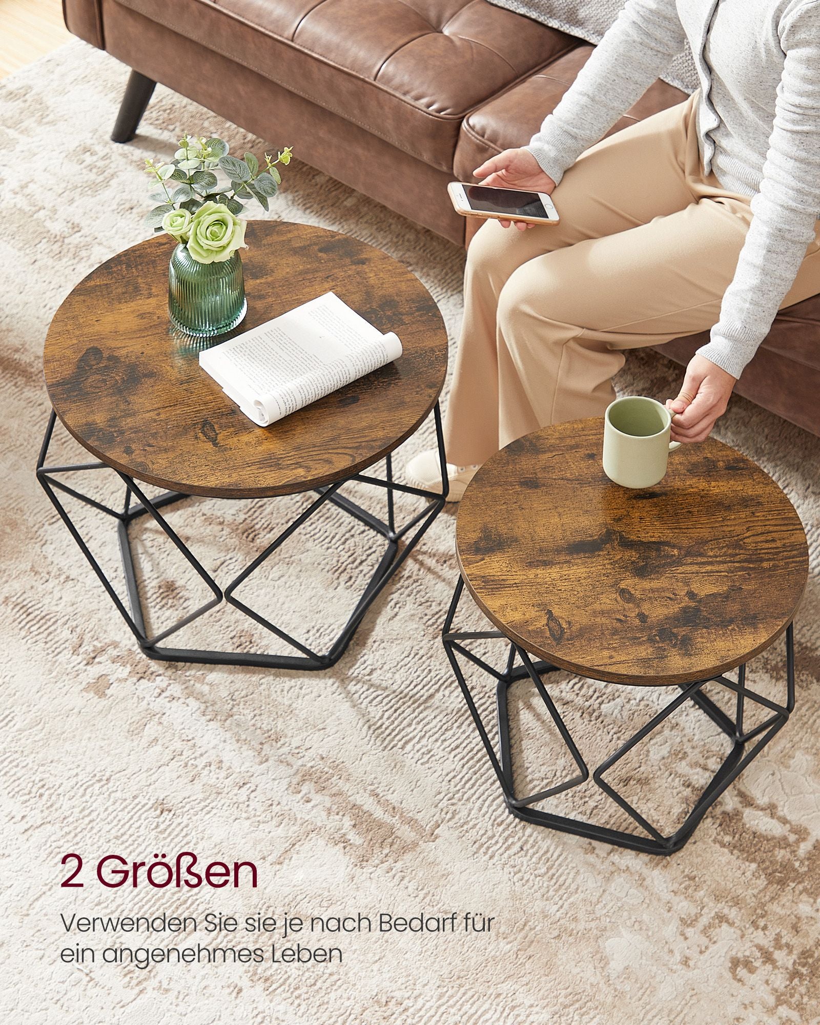 Ronde salontafel set van 2 – vintage flair – bruin en zwart
