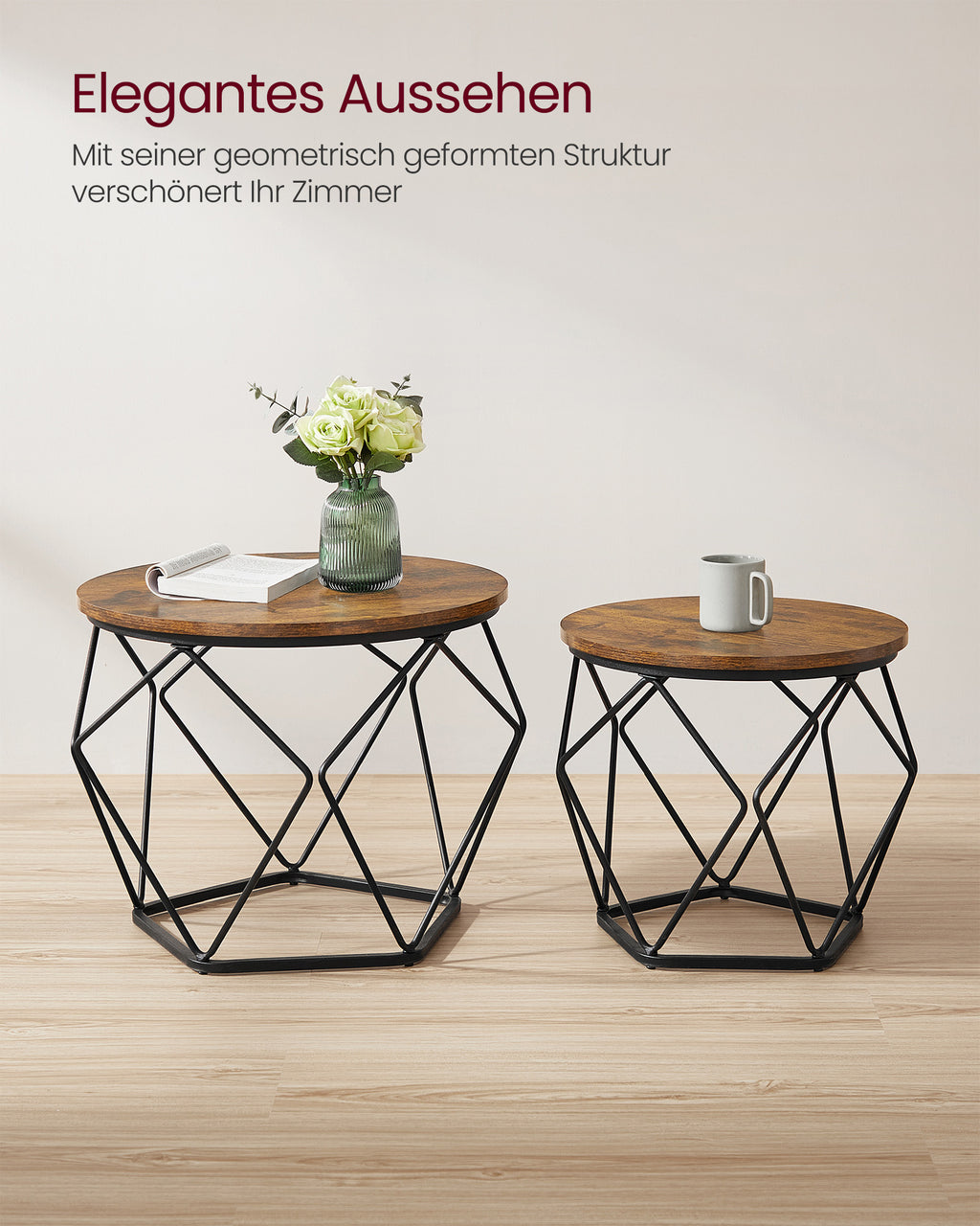 Ronde salontafel set van 2 – vintage flair – vintage bruin-inktzwart