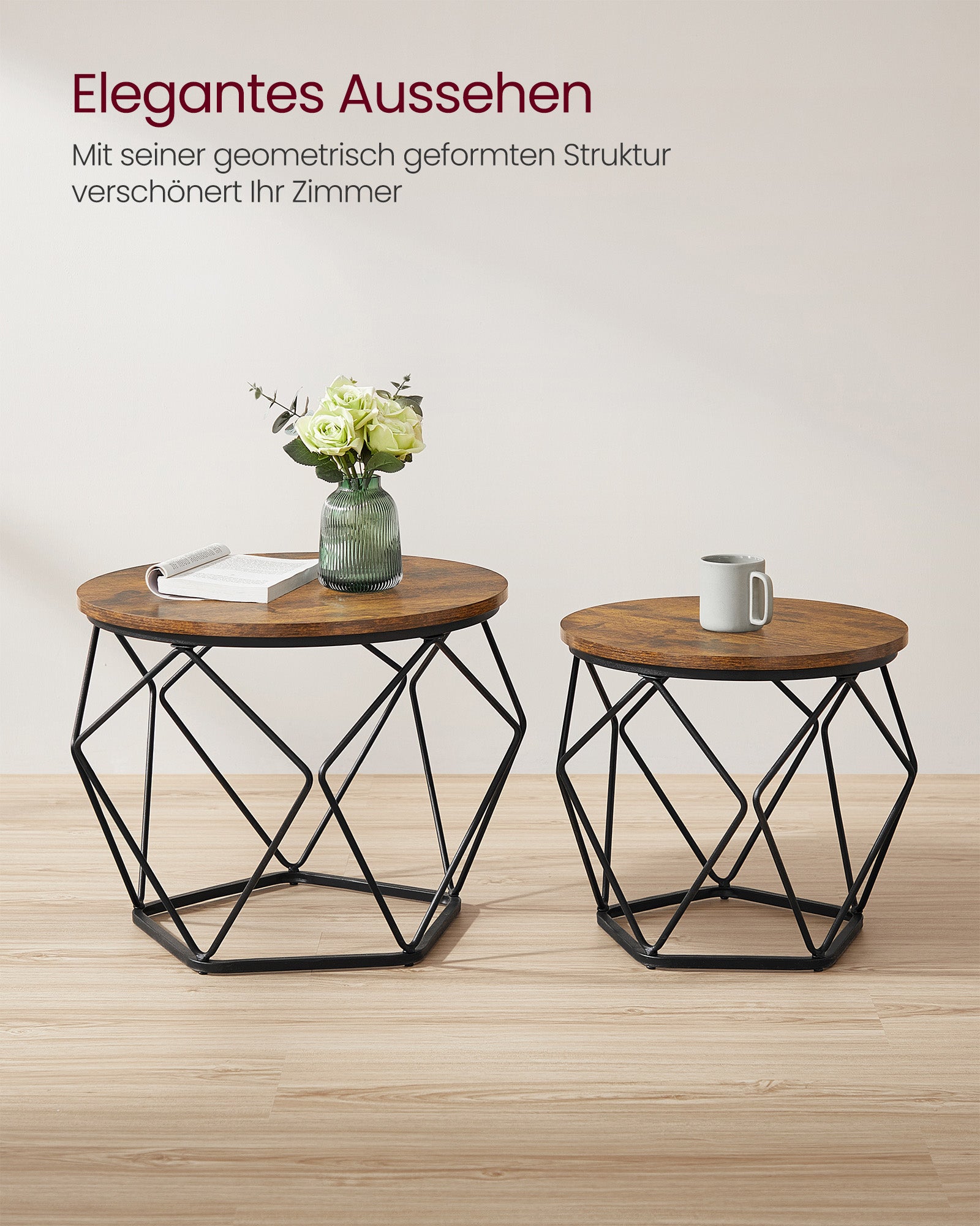 Ronde salontafel set van 2 – vintage flair – bruin en zwart