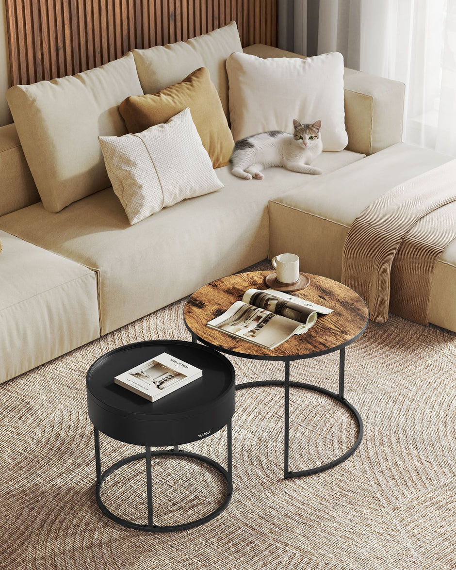 Ronde Salontafel Set van 2 – Vintage Bruin en Inktzwart