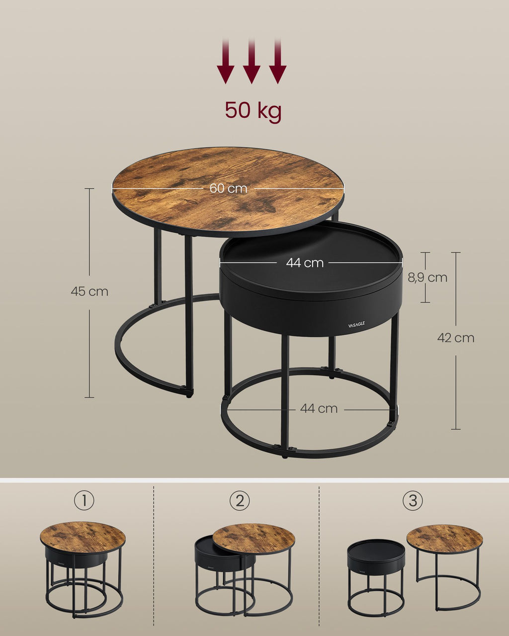 Ronde Salontafel Set Van 2 Vintage Bruin-Inktzwart