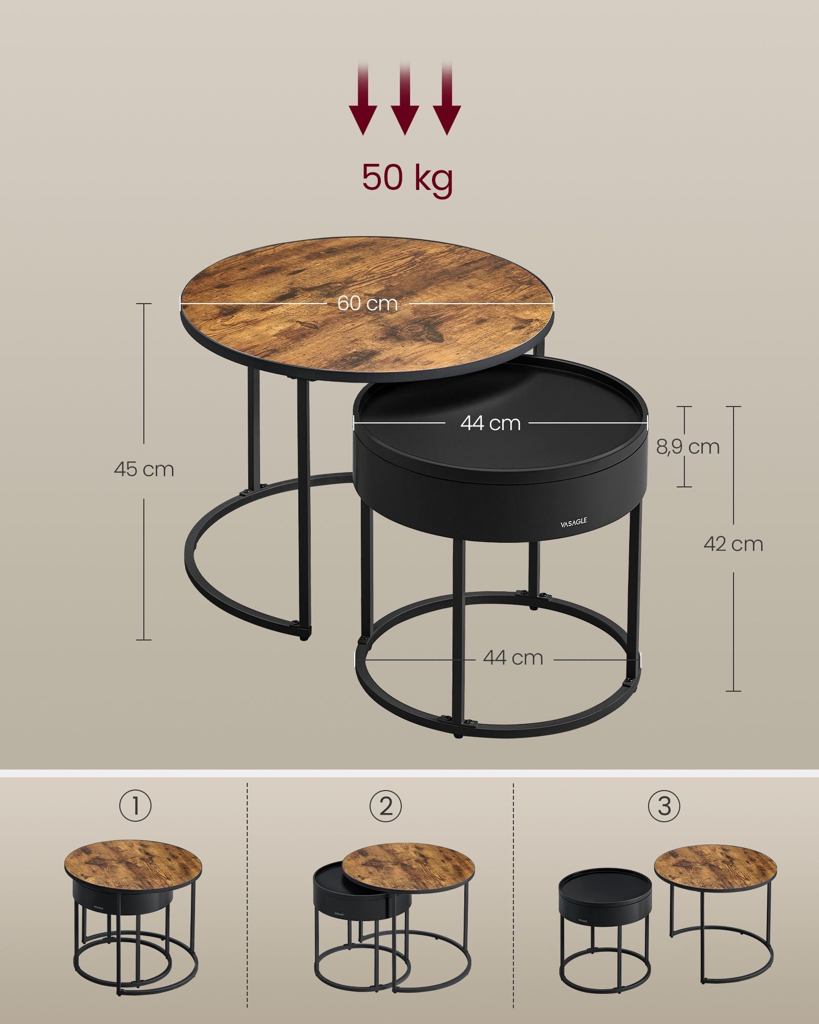 Ronde Salontafel Set Van 2 Vintage Bruin-Inktzwart