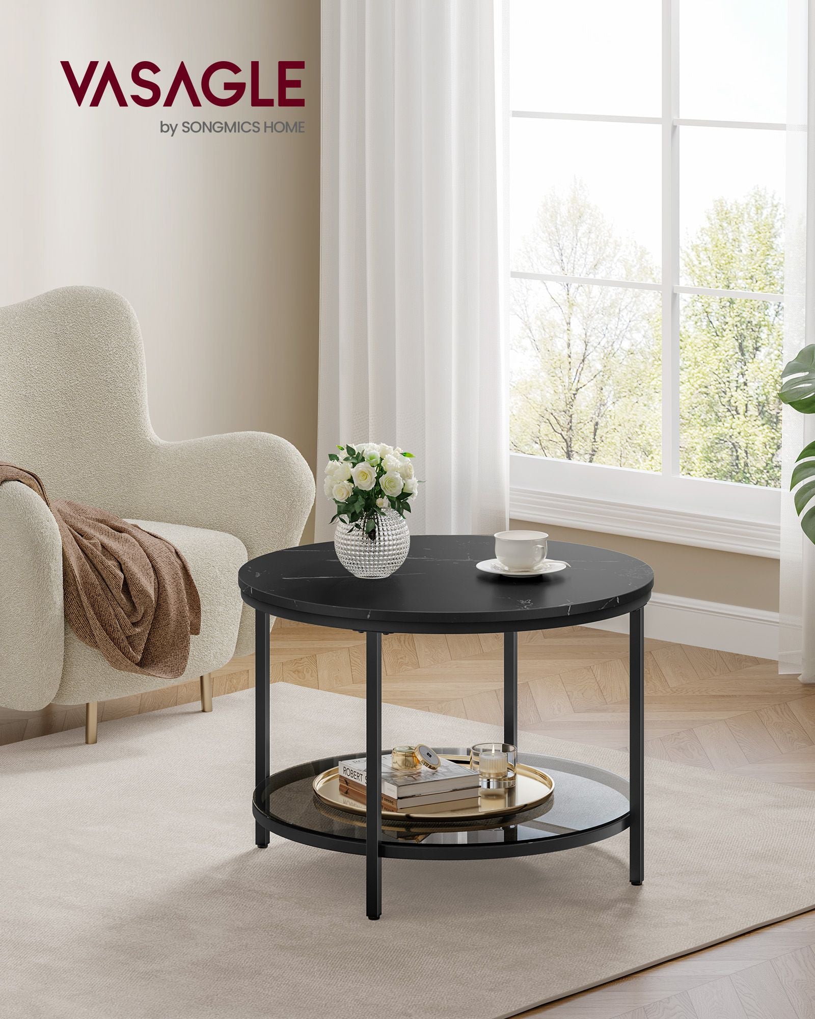 Salontafel – 2 niveaus – glazen blad – marmer zwart-inktzwart