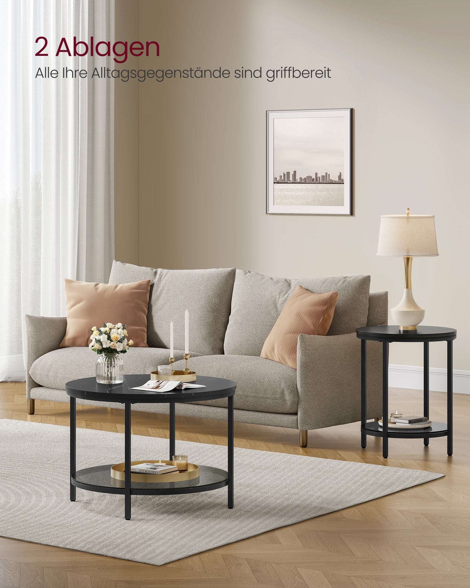 Salontafel – 2 niveaus – glazen blad – marmer zwart-inktzwart