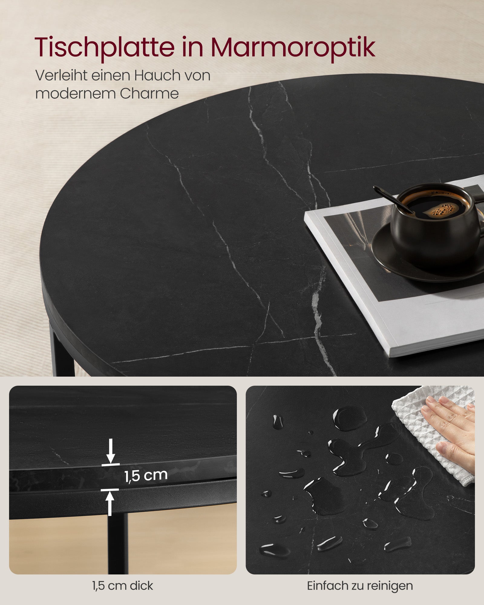 Salontafel – 2 niveaus – glazen blad – marmer zwart-inktzwart
