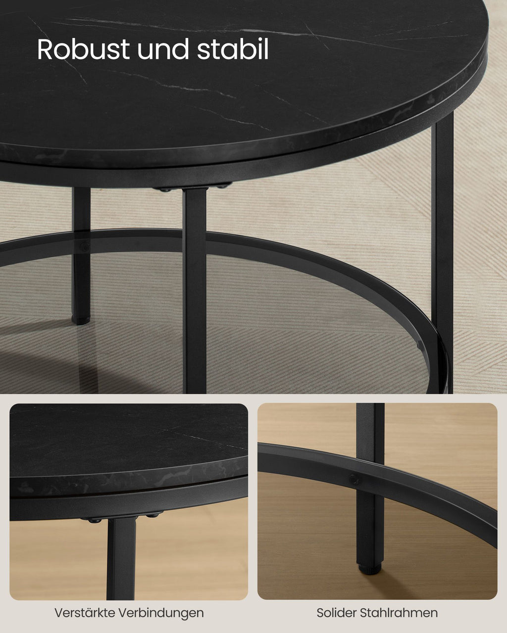 Salontafel – 2 niveaus – glazen blad – marmer zwart-inktzwart