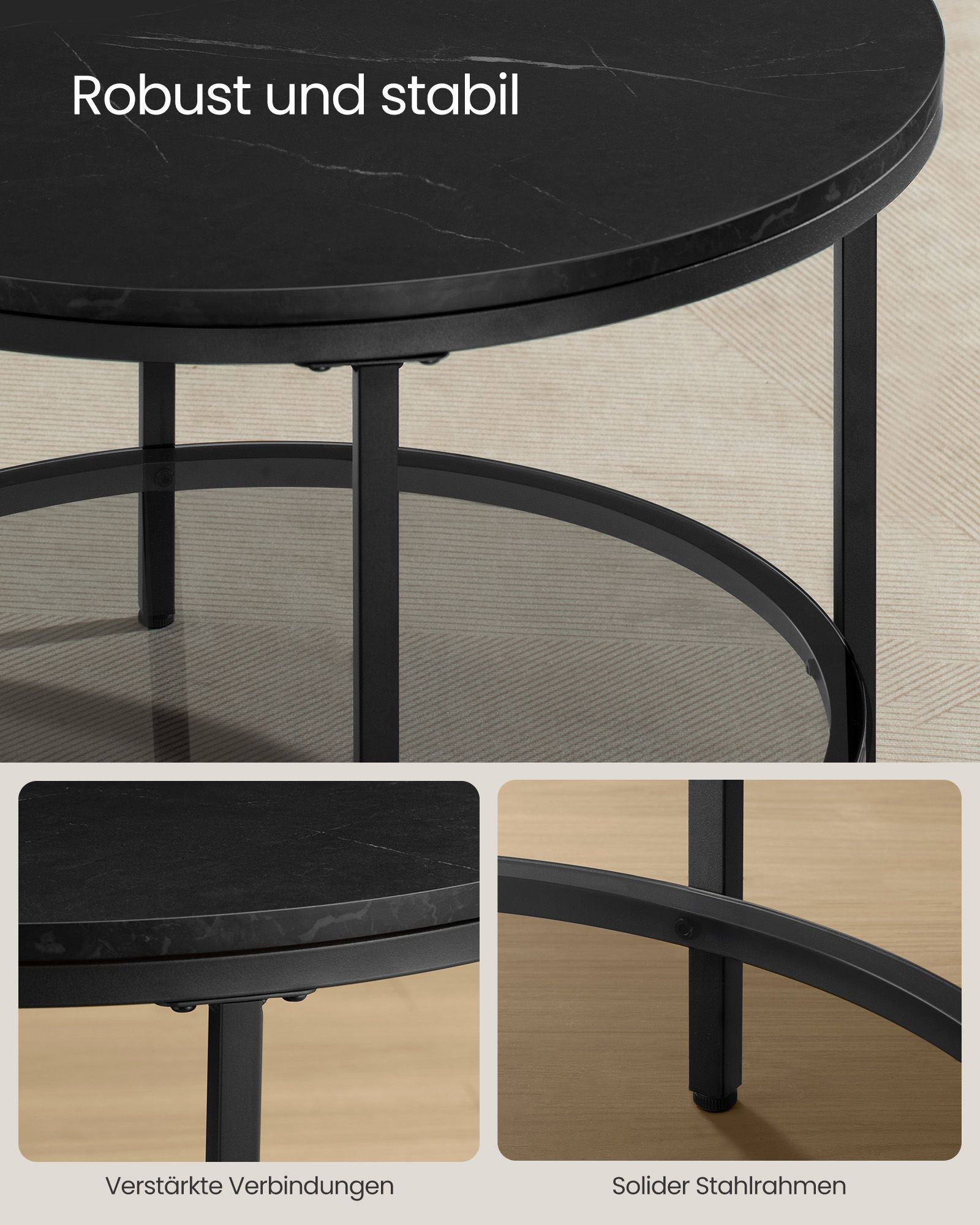 Salontafel – 2 niveaus – glazen blad – marmer zwart-inktzwart